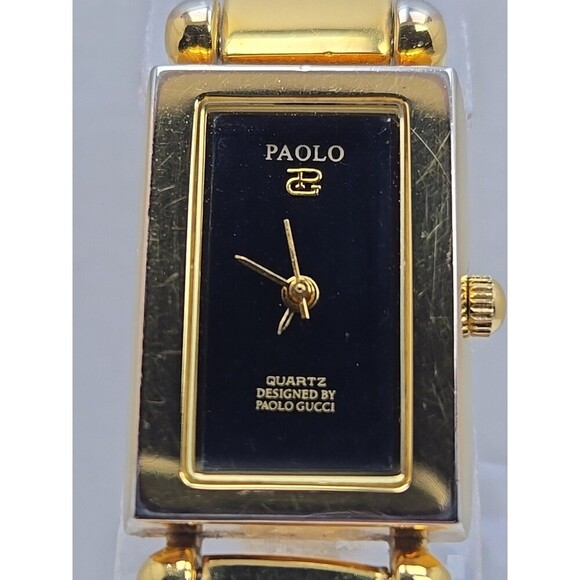 Womens Vintage Paolo Gucci Tank Watch Black Dial Gold Tone Bangle New Battery - Picture 4 of 10